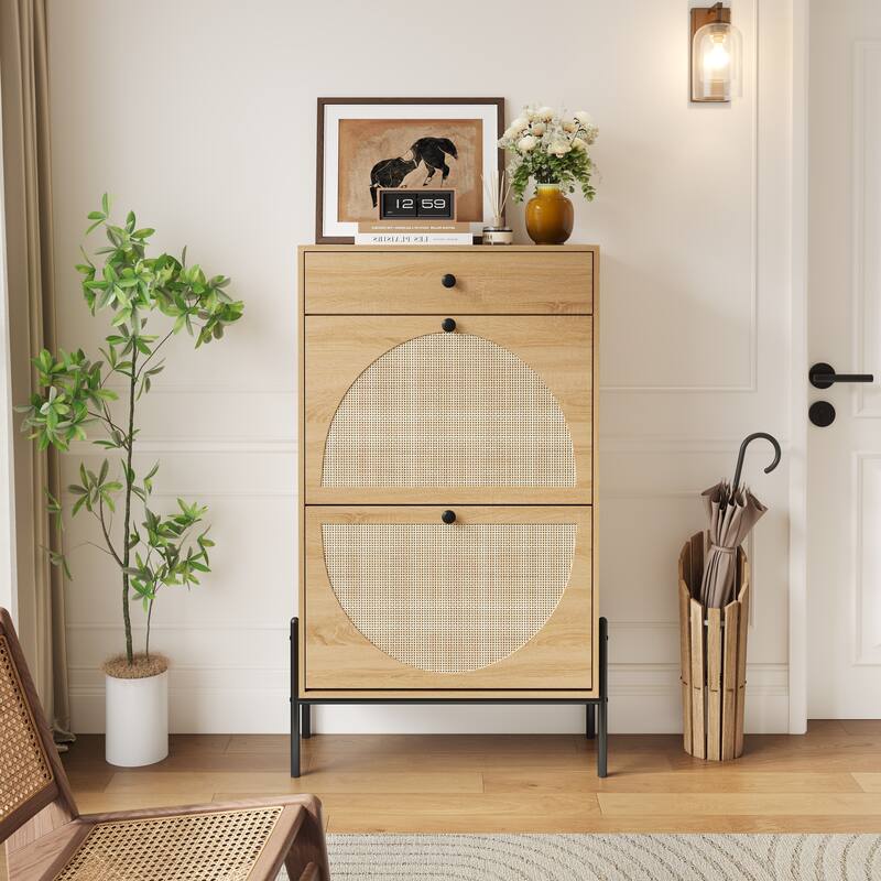 2-Door Shoe Storage Cabinet with Rattan Fronts & Drawer/Freestanding Entryway Organizer with Adjustable Shelf - Wood