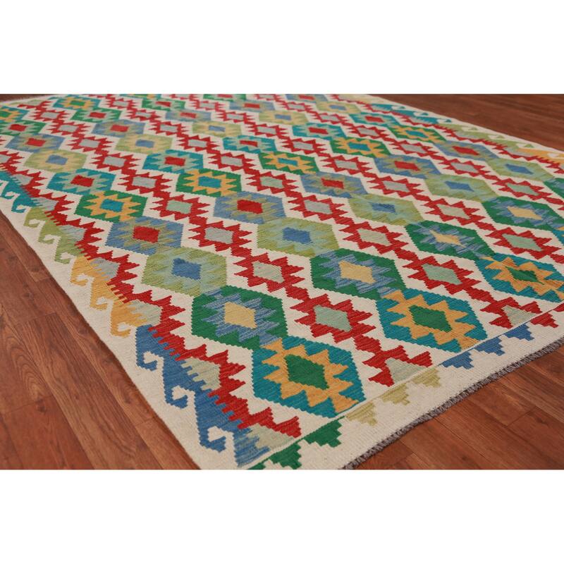 Hand Woven Oriental 100% Wool Carpet Southwestern Geometric Multi-Colored Kilim Area Rug - 8' 5'' X 6' 0''