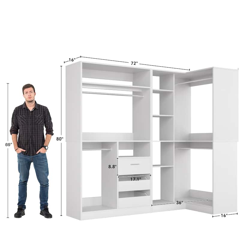 Qvella Set of 2 Corner Closet System, 72'' Wide Walk-in Closet Organizer with Drawers and Hanging Rods and Storage Shelves