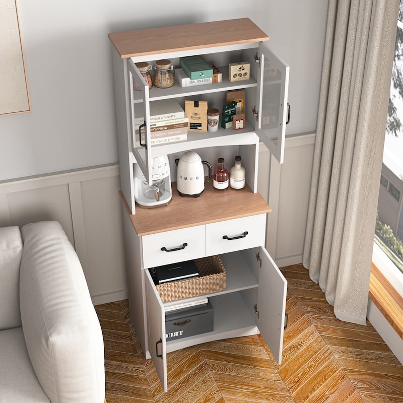 Anmytek White Wooden Kitchen Pantry Cabinet with Microwave Stand, Framed Glass Doors, Drawers & Storage Shelves