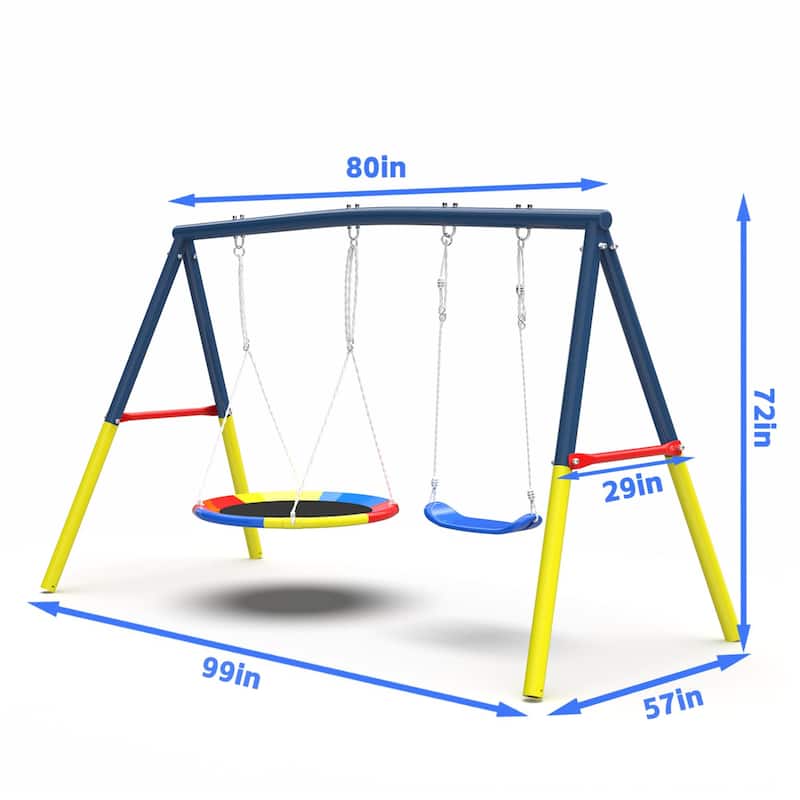 Heavy-Duty A-Frame Metal Outdoor Swing Set with 1 Saucer Swing Seat and 1 Belt Swings Seat