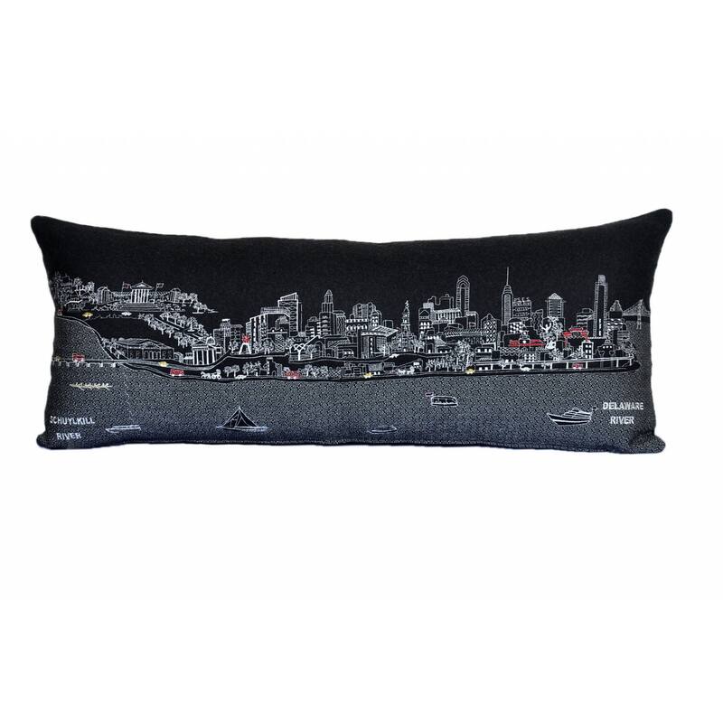 HomeRoots 35" Black Philadelphia Nighttime Skyline Lumbar Decorative Pillow