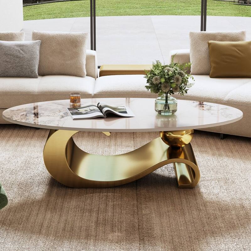 49.2" Faux Marble Oval Coffee Table, Contemporary Stainless Steel Base, Modern Center Table for Living Room