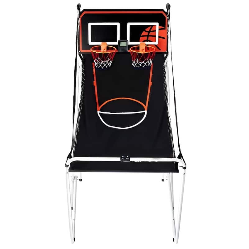 Black-White Steel Basketball Arcade Game with Dual Hoops and 8 Game Modes - 56” L x 33” W x 63” H