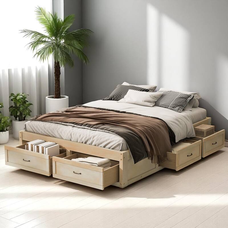 Full/Queen Platform Bed with 6 Storage Drawers, Modern Wood Frame with Slats, No Box Spring Needed - Natural - Queen