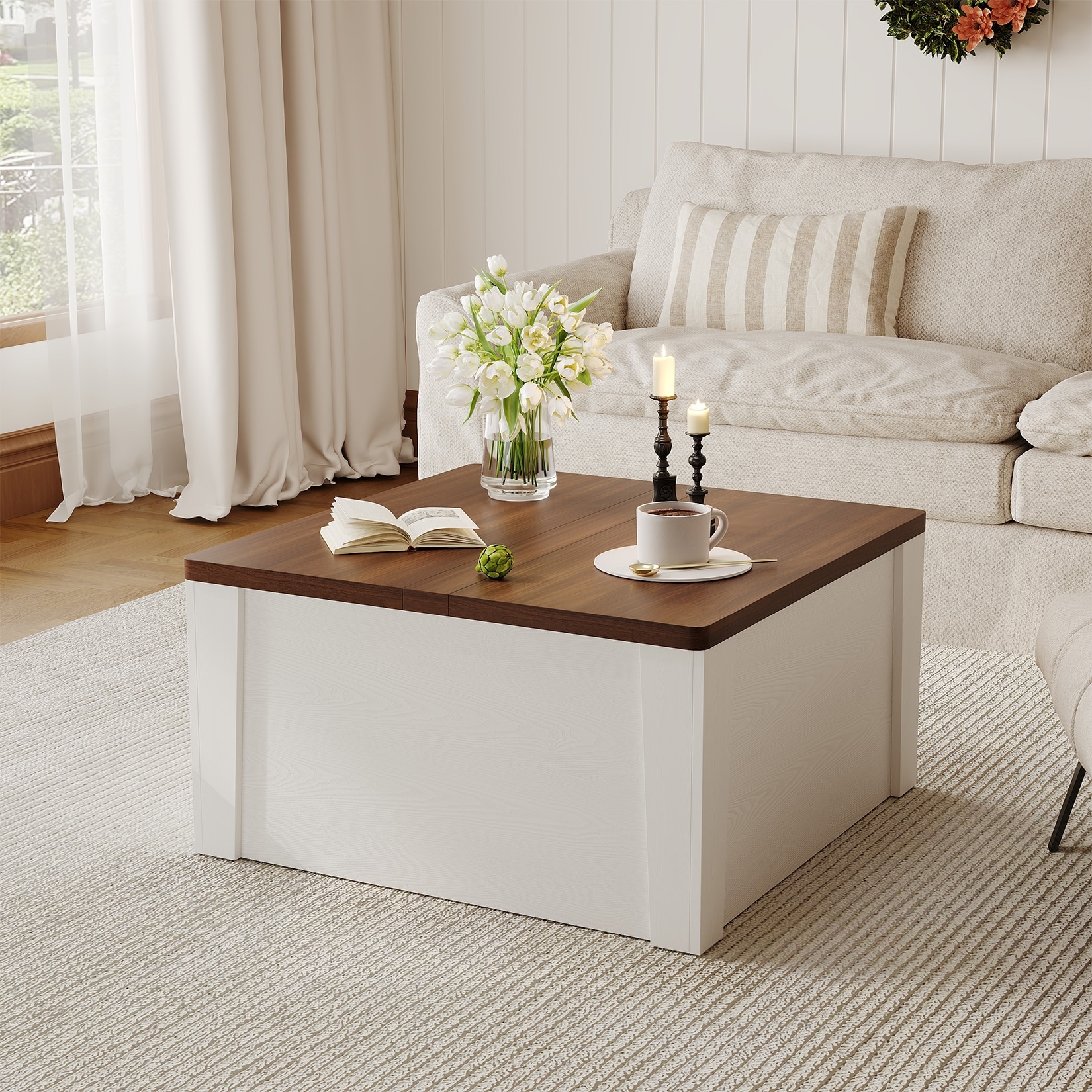 Farmhouse Coffee Table with Storage, Square Center Coffee Table for Living Room, with Hidden Compartment, Flip-Top Lids