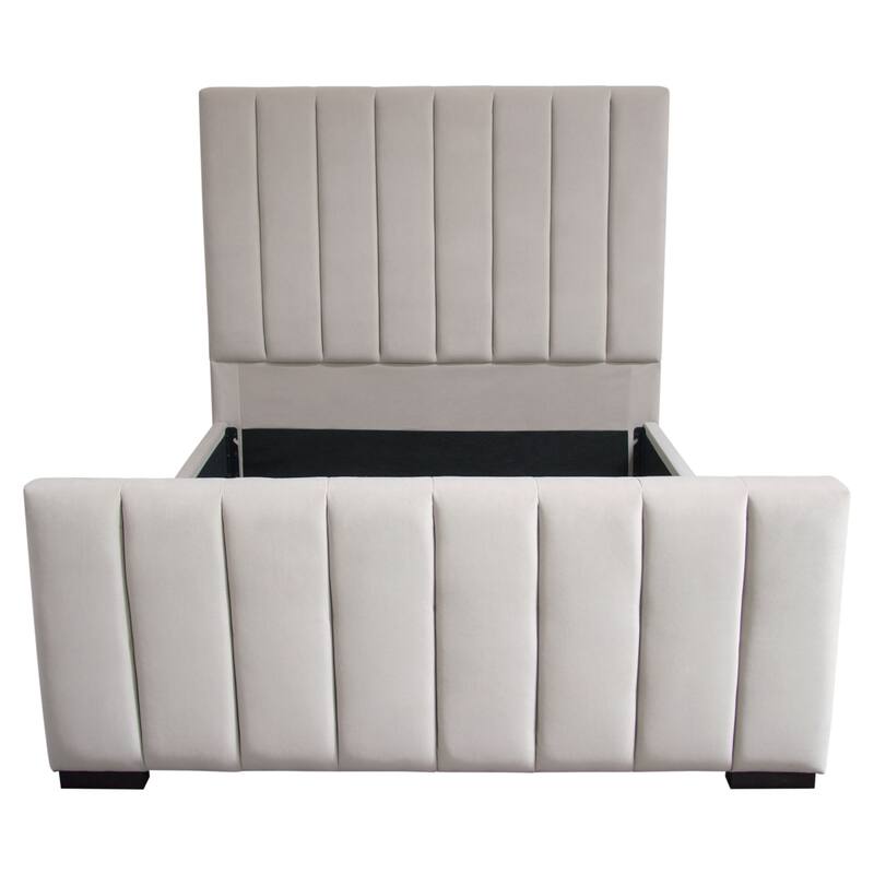 Eva Queen Bed, Vertical Channel Tufted Light Gray Velvet Upholstery