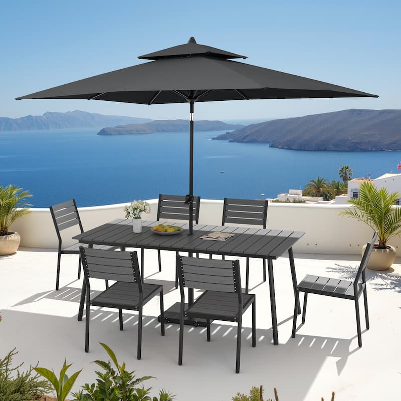 9PC Outdoor Patio Dining Set Aluminum Table with Stackable Chairs w/ Premium Market Umbrella Sets - GreyTable&GreyChairs&BlackUmbrella