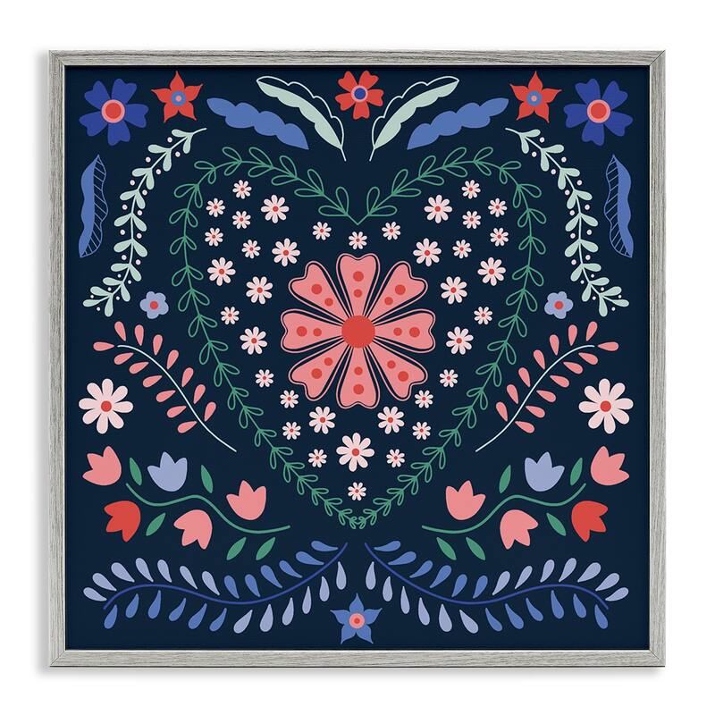 Stupell Folk Flowers in Heart Pattern Framed Giclee Art Design By Sazerelli Designs - 17 x 17 - Grey