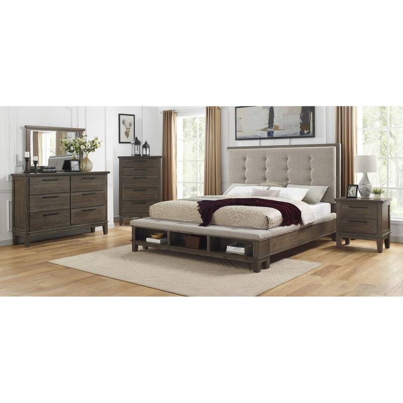 Emma 4 Piece Gray Modern Fabric Upholstered Tufted Shelves Panel Bedroom Set - Queen