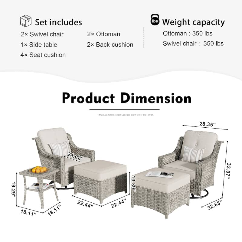 HOOOWOOO 5-piece Rattan Outdoor Furniture Patio Swivel Chair Chat Set with Ottoman