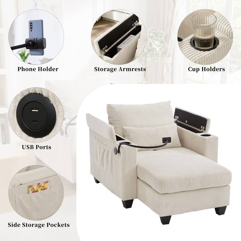 Convertible Sleeper Sofa Chaise Lounge with Movable Backrest, Corduroy Reading Chair with USB Ports, Cup Holders & Phone Holder