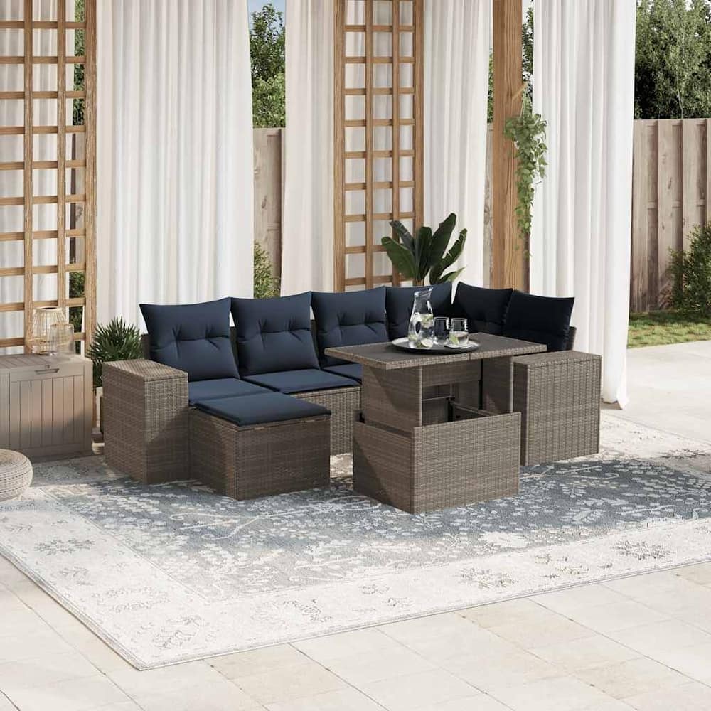 vidaXL Patio Sofa Set with Cushions Table and Couches 7 Piece Poly Rattan