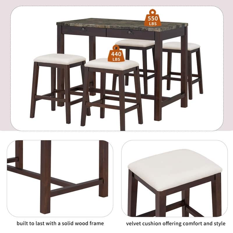 5-Pc Faux Marble Dining Set with 4 Upholstered Chairs and Storage, Walnut