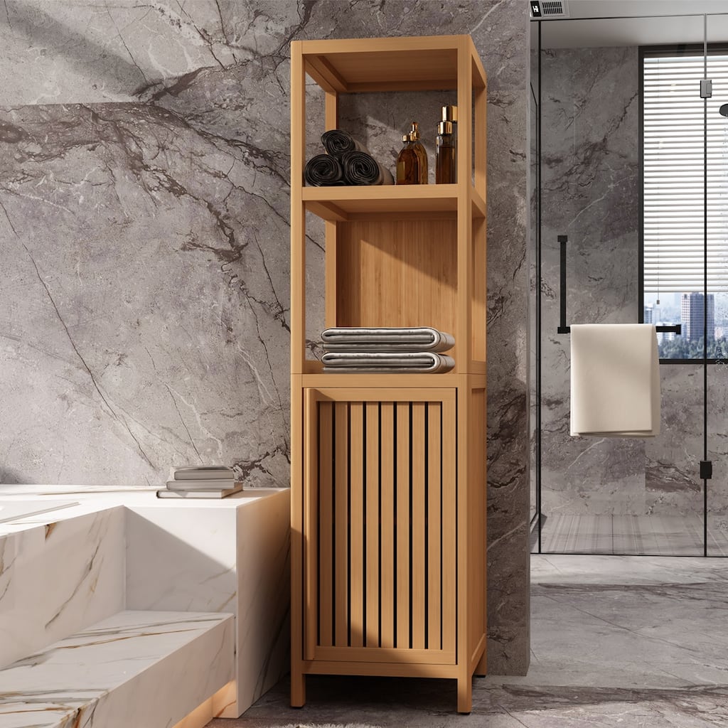 GDFStudio - 52" Tall Large Capacity Multi-Functional Bamboo Linen Tower Storage Cabinet with Open Shelves & Door Cabinet