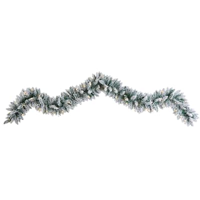 9' Flocked Artificial Christmas Garland with 50 Warm White LED Lights - Green - 108