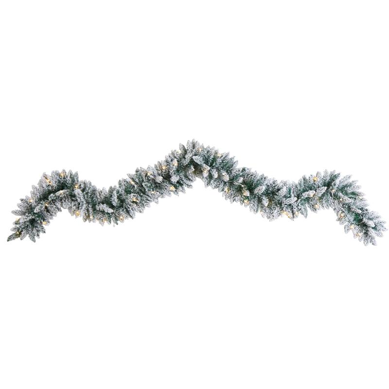 9' x 12" Flocked Artificial Christmas Garland, Warm White LED Lights
