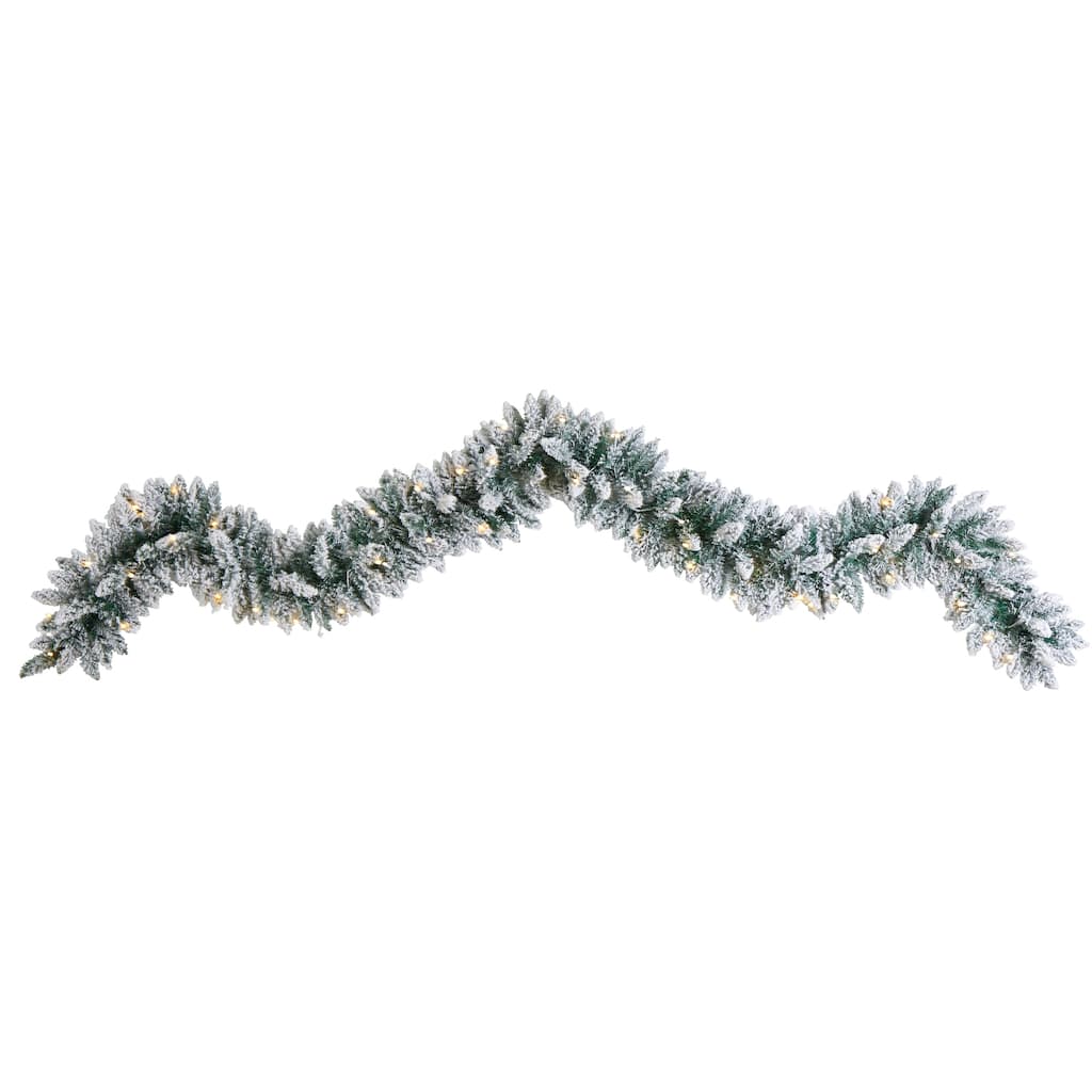9' x 12" Flocked Artificial Christmas Garland, Warm White LED Lights