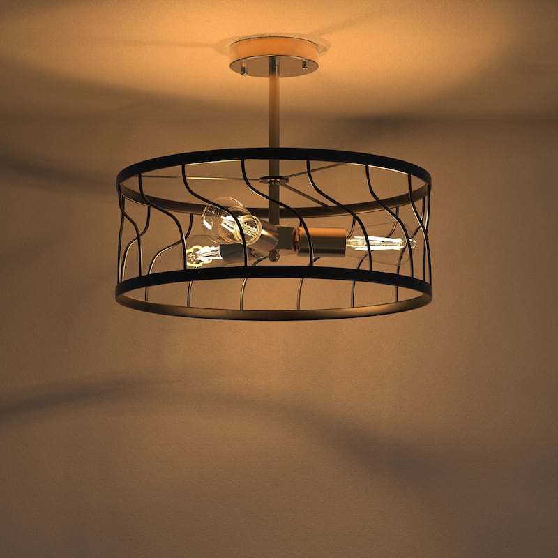 YANSUN 16.5 in. 3-Light Black and Gold Drum Metal Semi-recessed Ceiling light Modern Mininalit Semi-Flush Mount t for kKitchen