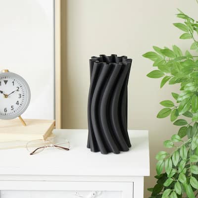 Black Ceramic Curvy Ribbed Abstract Vase with Floral Shaped Rim