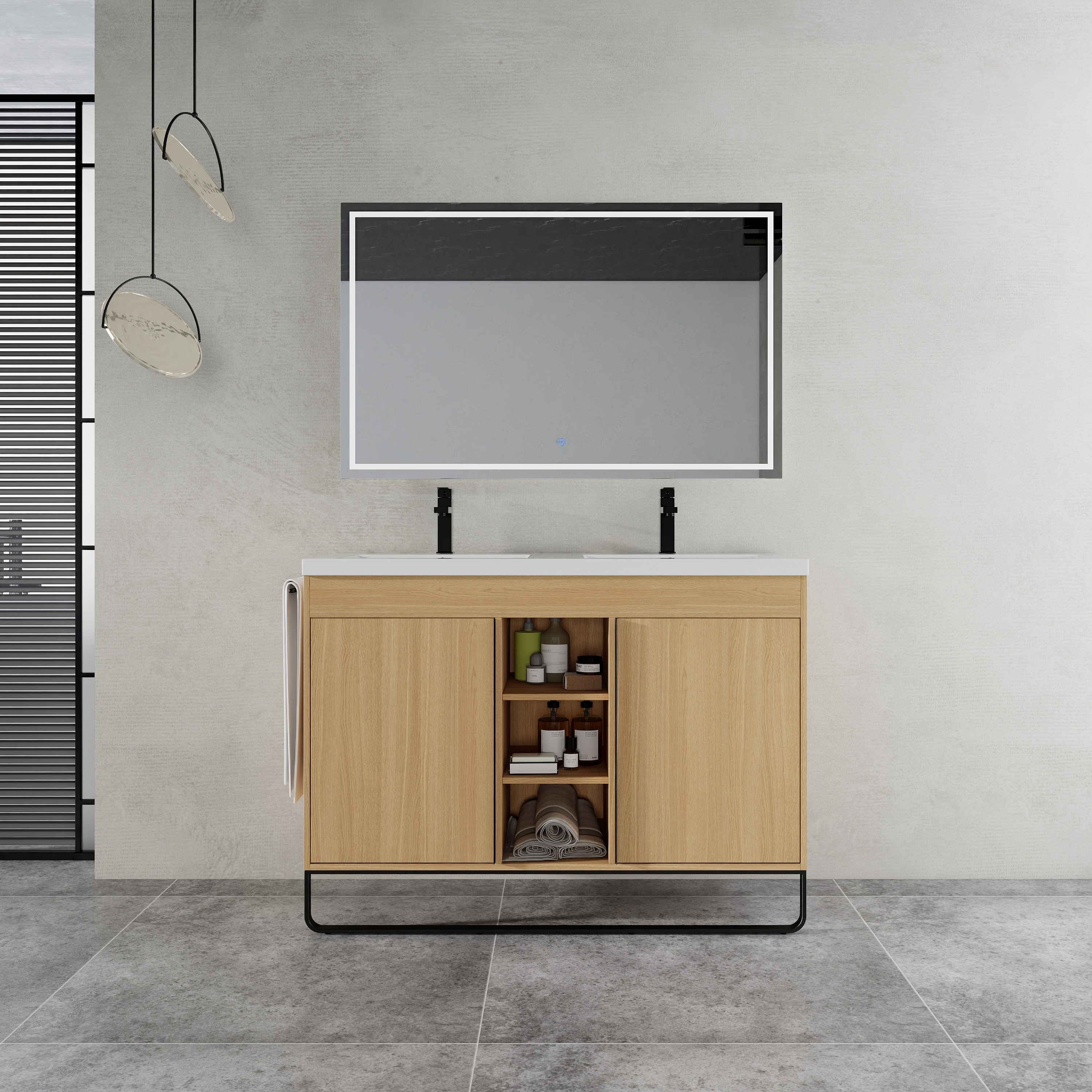 48" Freestanding Bathroom Vanity With Resin Double Sink, 2-Soft Close Door & 3-Open Storage Rack