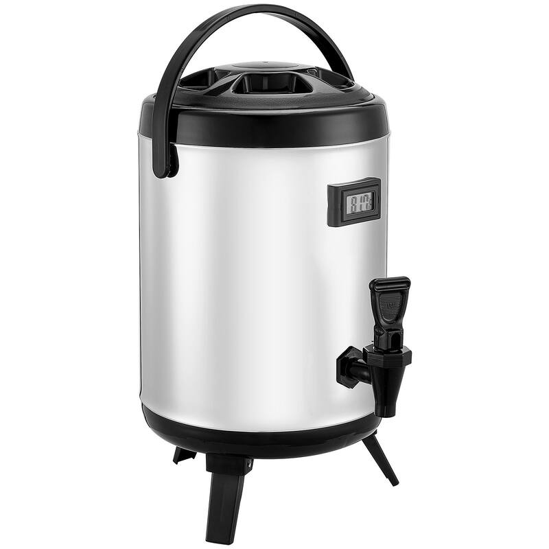 Silver 1.5 Gallon Stainless Steel Insulated Beverage Dispenser with Spigot and Temp Display - 9.45 x 9.45 x 16.93 inch