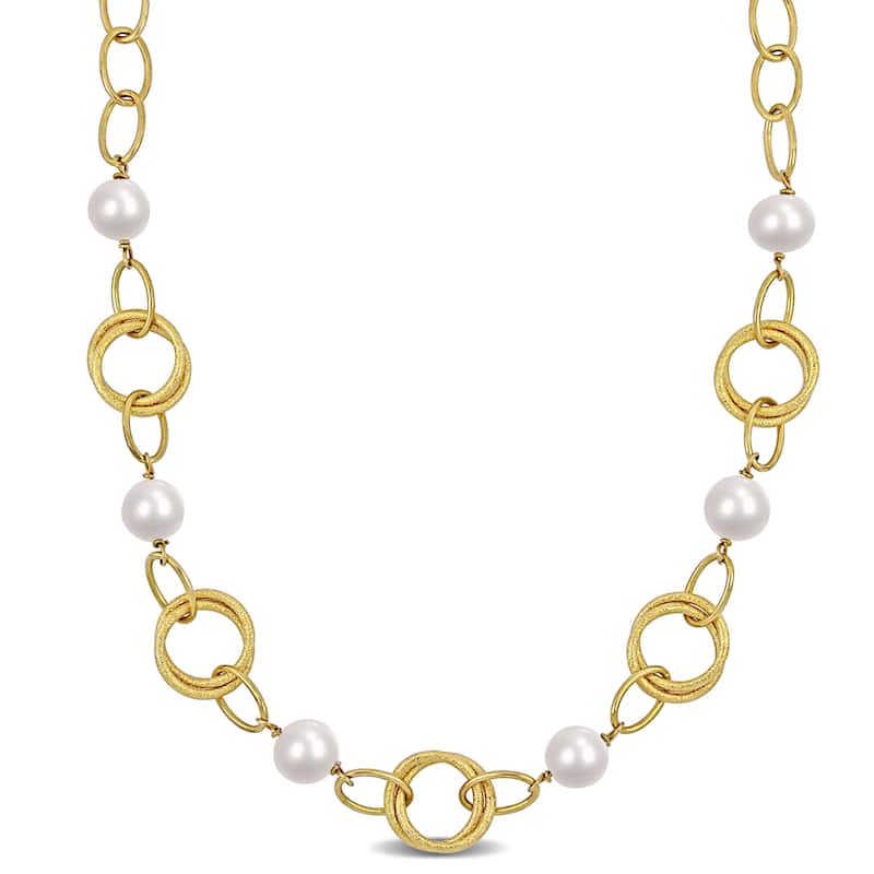 Miadora 9-10mm Cultured Freshwater Pearl and Circle Rings Necklace in Yellow Silver20 in - 20 in x 16.8 mm x 9.5 mm