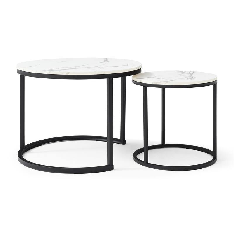2 Piece Coffee Table Nesting Round Coffee Table with Marble Pattern and Frame, for Living Room and Bedroom