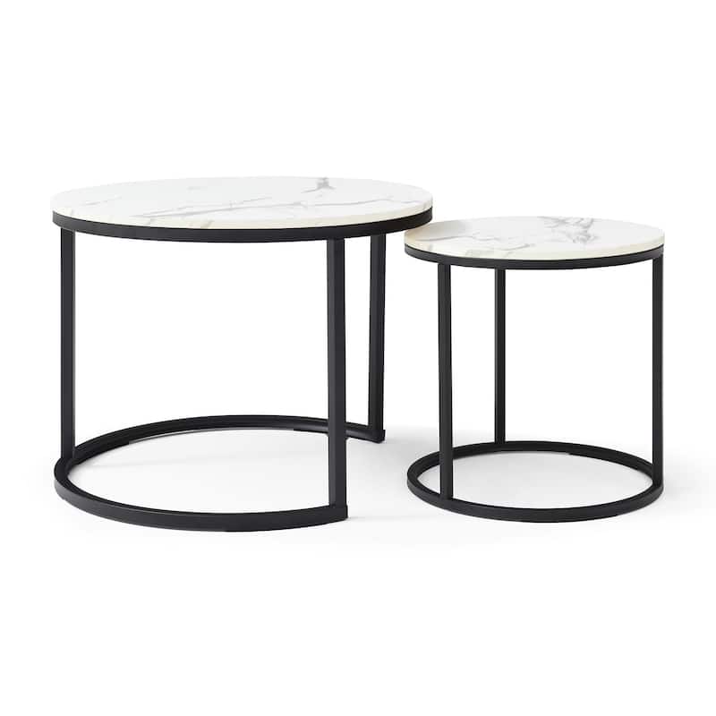 Nesting Coffee Table Set of 2 Round MDF Top and Metal Frame Modern Industrial