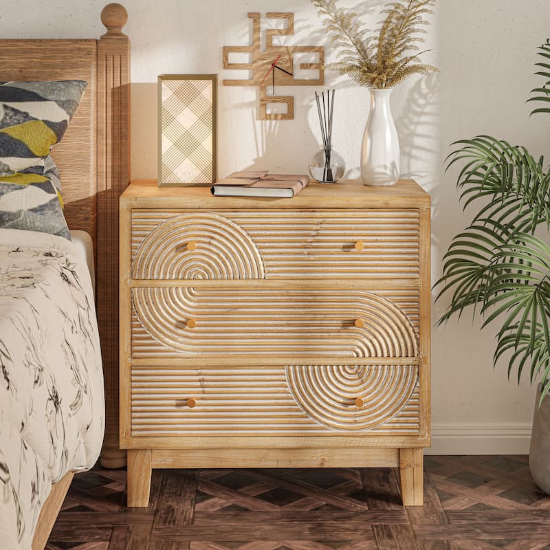 COZAYH 3-Drawer Farmhouse Dresser with Handicraft Wood Ring Motif, Rustic Nightstand Wooden Finish, Boho, Natural Wood