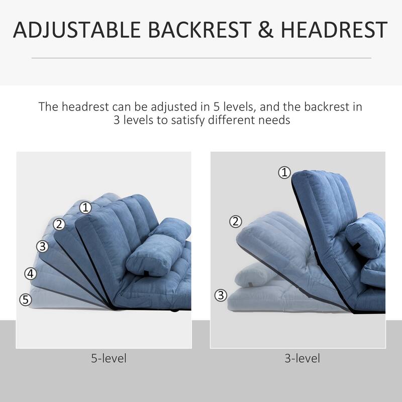 Convertible Floor Sofa Chair, Folding Couch Bed, Guest Chaise Lounge with 2 Pillows, Adjustable Backrest and Headrest