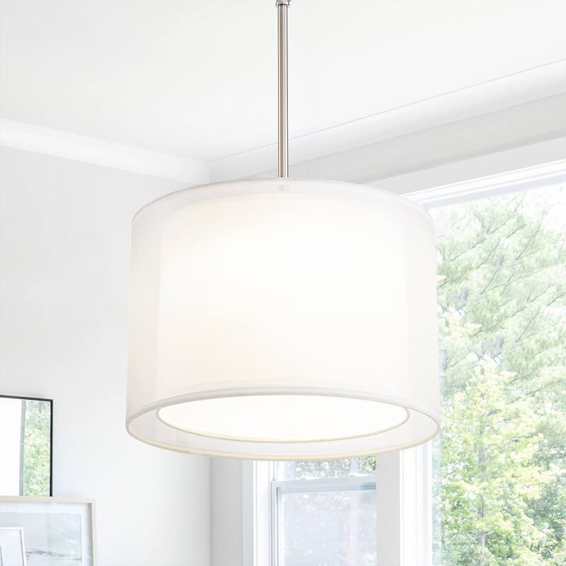 Modern 1-Light Double Fabric LED Pendant Light, 18W Warm 3000K, Satin Nickel/White for Dining Room - 1 Light