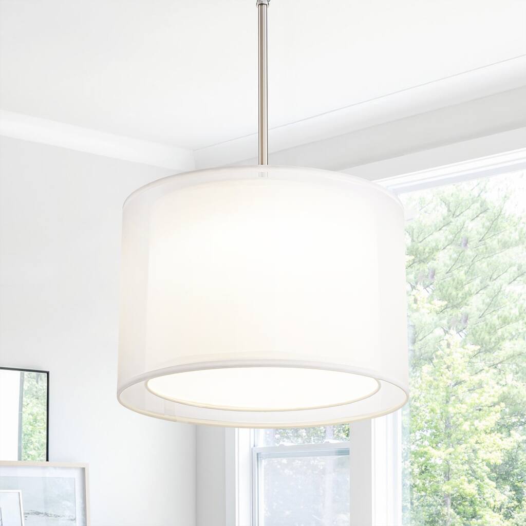 Modern 1-Light Double Fabric LED Pendant Light, 18W Warm 3000K, Satin Nickel/White for Dining Room - 1 Light