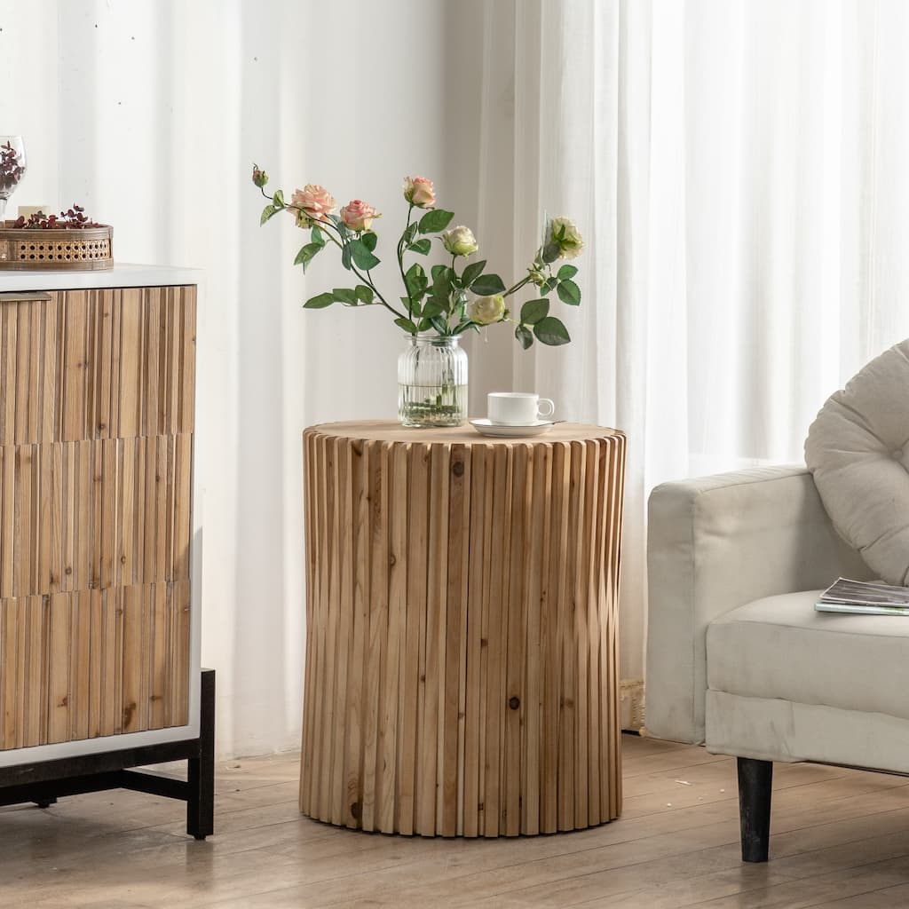 Retro Fashion Style Cylindrical Coffee Table with Vertical Texture Relief