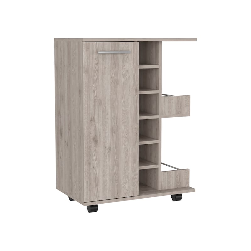 Bar Cart, Four Casters, Six Wine Cubbies, Single Door Cabinet - Light Grey