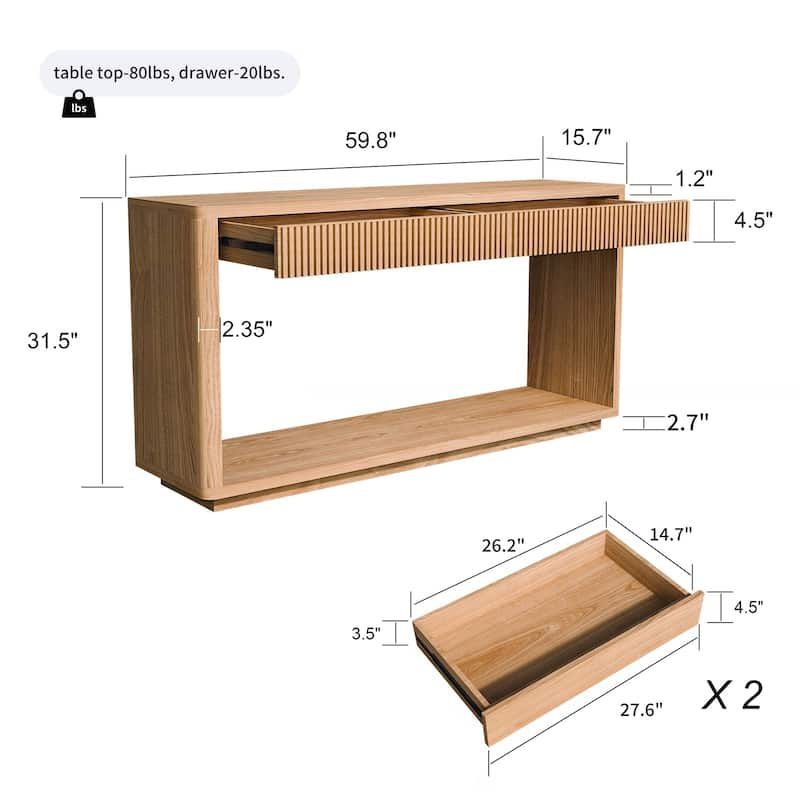 60" Modern 2-Drawer Fluted Console Table Natural Wood Veneer Sofa Table Behind Couch Table for Living Room, Hallway, Entryway