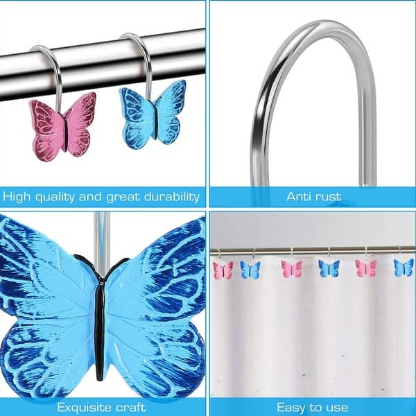 Gold Butterfly Shower Curtain Hooks – Set Of 12 Rust-Resistant Stainless Steel Rings With Zinc Alloy Butterfly Decor