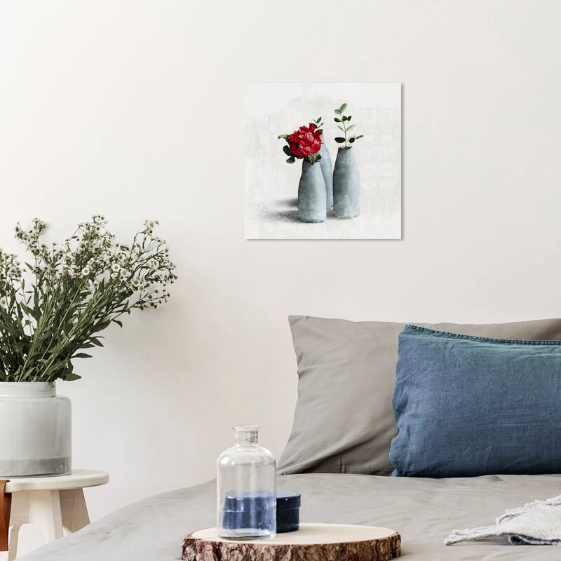 Wynwood Studio Canvas Floral and Botanical Contemporary Floral Vase II Red and Rustic Wall Art Canvas Print - Red, White - 12 x 12