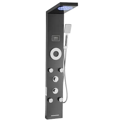 Black Stainless Steel 6-in-1 Shower Panel Tower System with LED, Massage Jets and Temperature Display - 53.0x 7.9x 18.1 inch