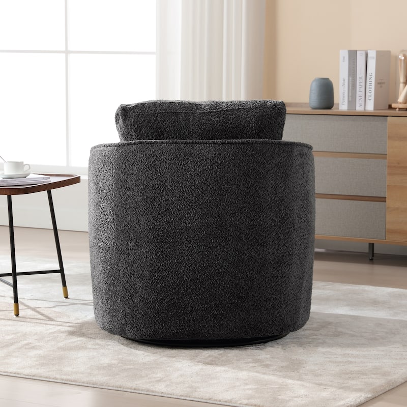 Boucle Fabric Upholstered Swivel Barrel Armchair With Pillow