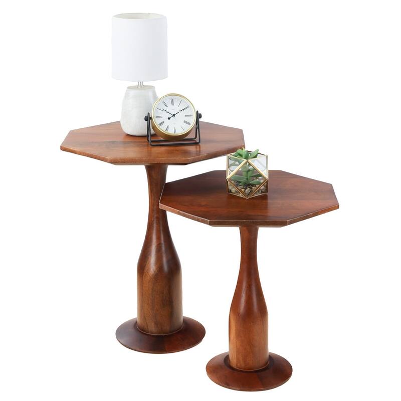 Set of 2 Hexagon Accent Tables with Mango Wood Tops and Pedestal Bases