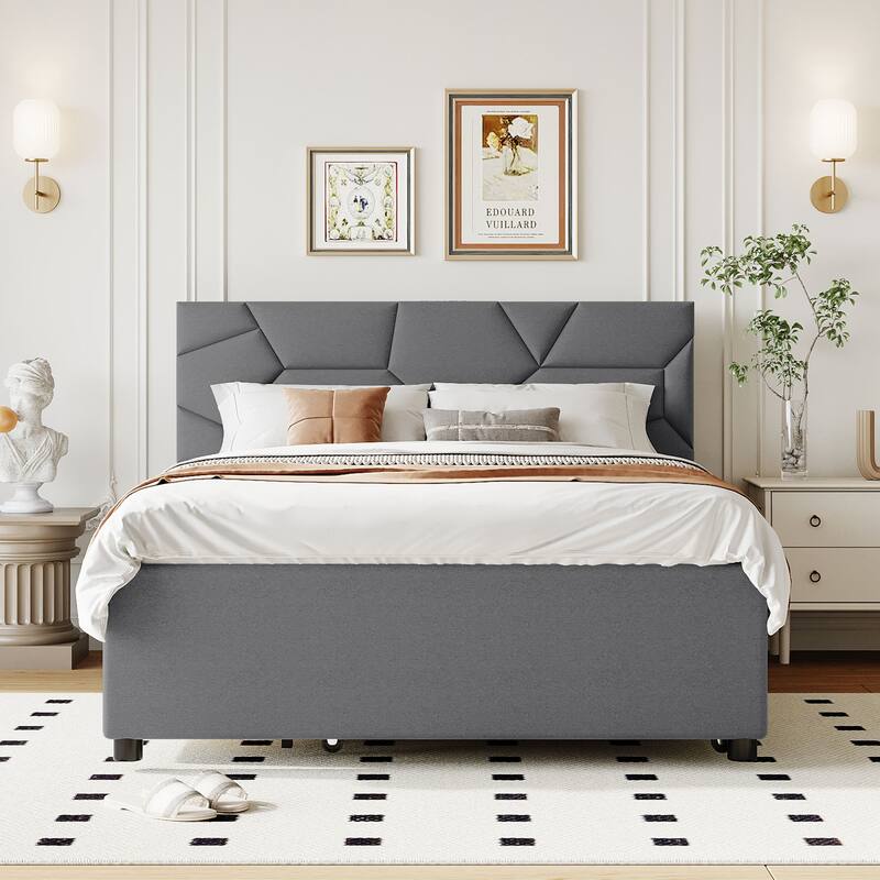 Full/Queen Size Upholstered Platform Bed with Stylish Brick Pattern Headboard, Trundle & 2 Drawers, Linen Fabric Comfort