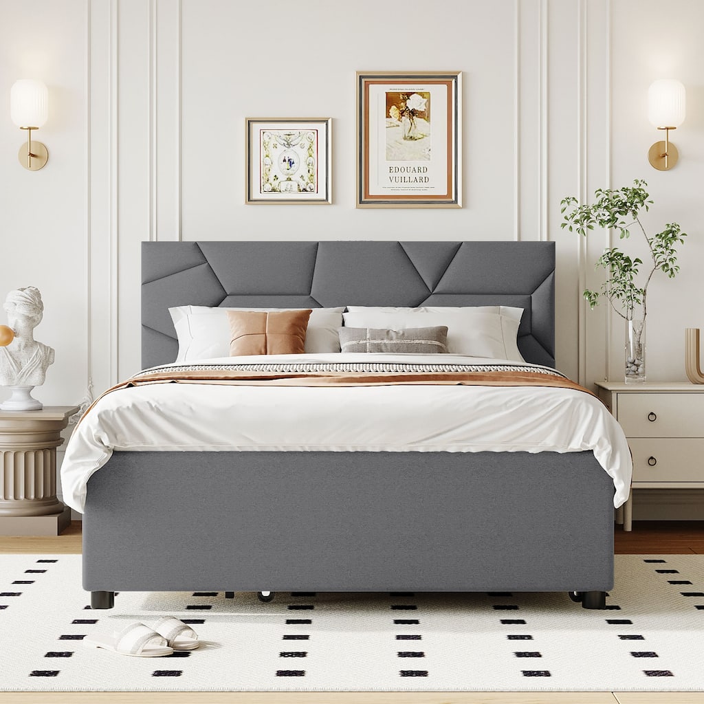 Full Size Upholstered Platform Bed with Twin Trundle & 2 Drawers, Headboard with Brick Pattern, Wooden Slats Supproted, Gray