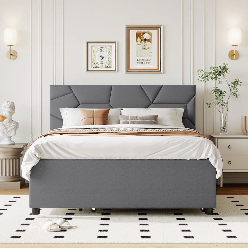 Linen Fabric Platform Bed with Trundle and 2 Drawers - Grey - Full