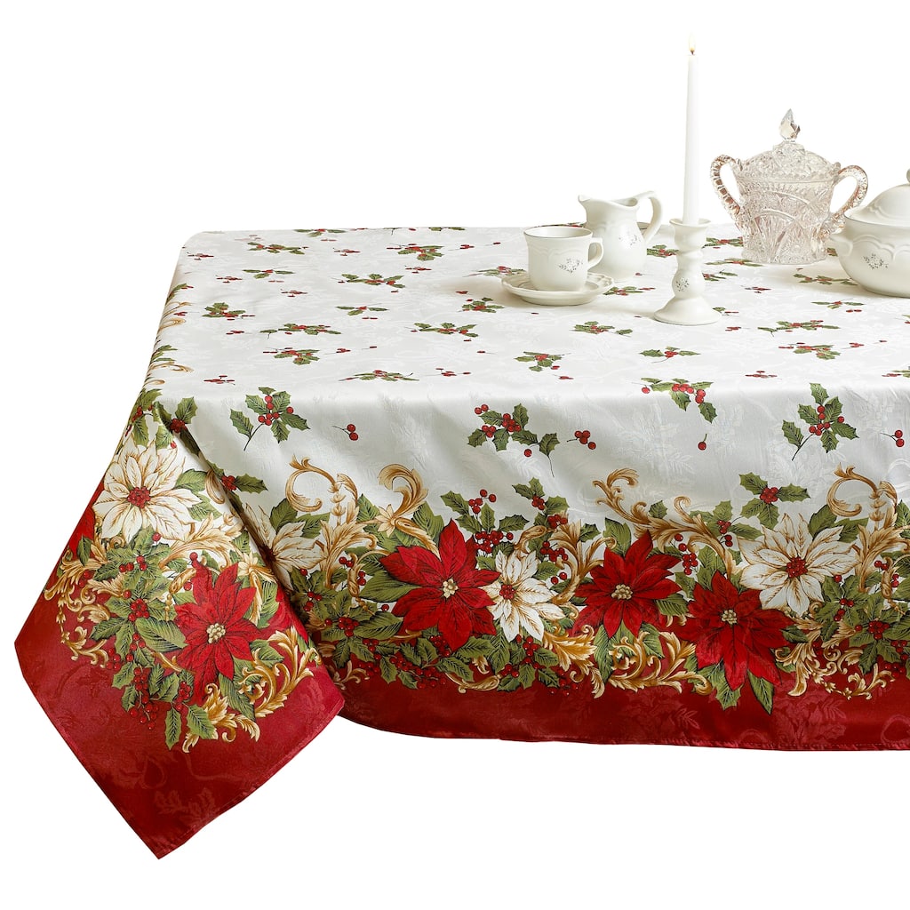 Violet Linen Blossom Christmas Poinsettia & Holly Berry Tablecloth