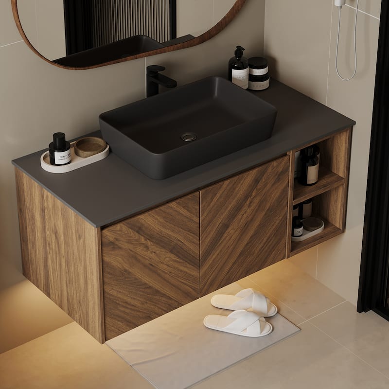 35.83'' Single Bathroom Vanity with Stone Top, Brown Wood, Black Vessel, Floading Vanities