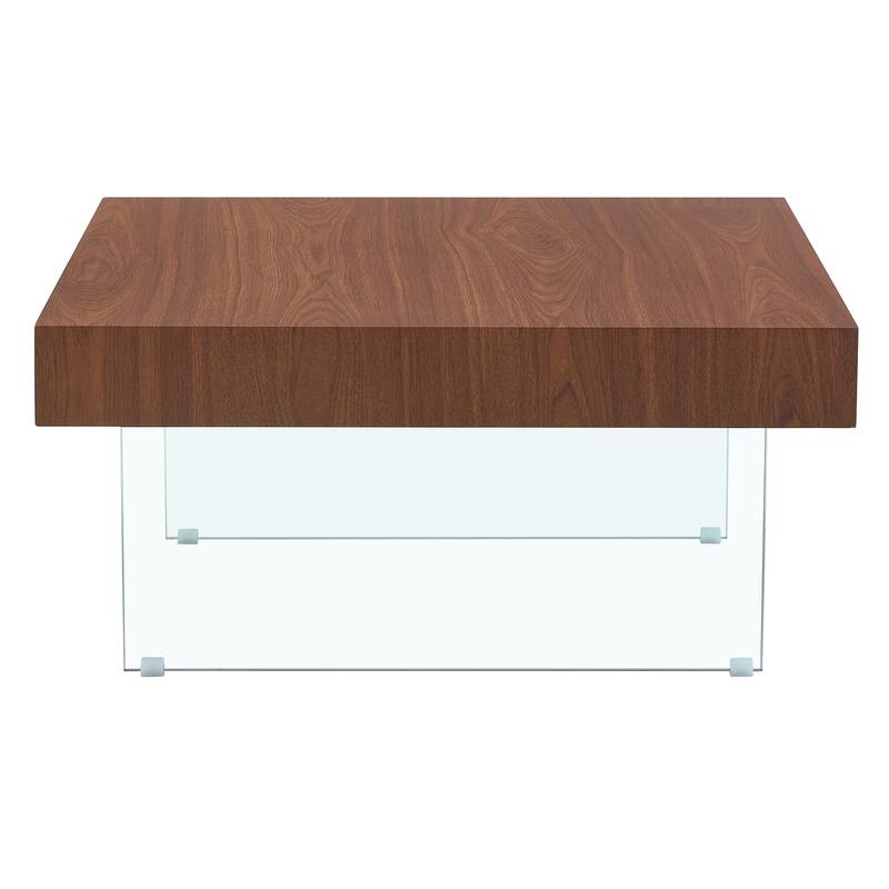 Walnut Colored Square MDF Coffee Table - 31.5"x31.5" with Tempered Glass Legs.Density Board Sticker,Reinforced Glass Leg