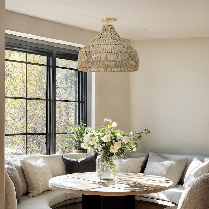 Dreamy Flush Mount Light - Palm Fibers & Brown 1-Light Dome Ceiling Light for Bedroom or Hallway in Modern, Mid-Century Style