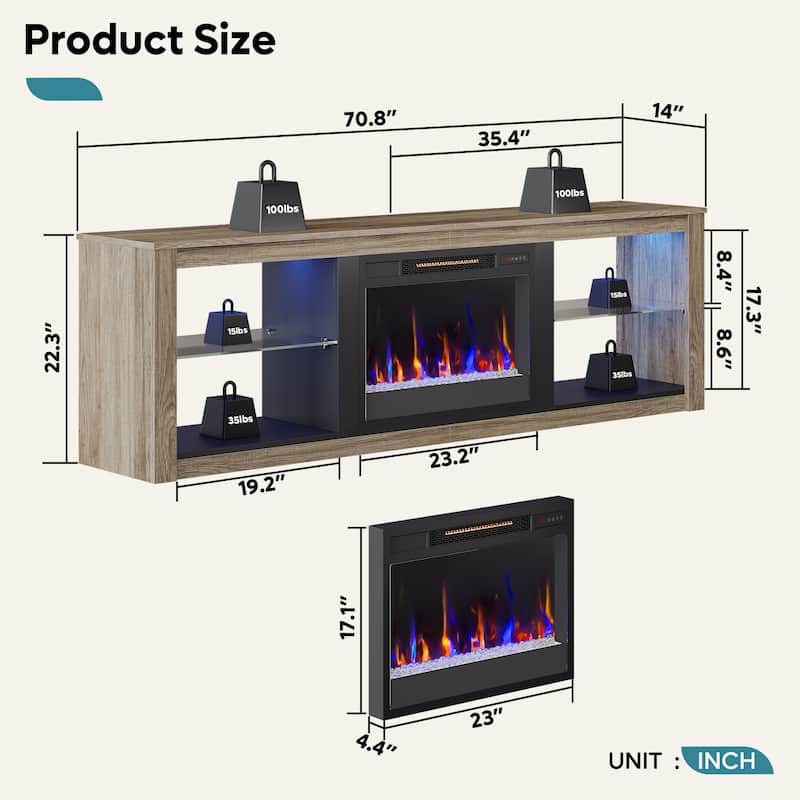 TV Stand for TVs up to 75" with Fireplace, LED Entertainment Center - 71 inch