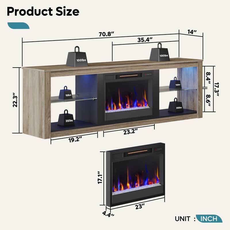 TV Stand for TVs up to 75" with Fireplace, LED Entertainment Center - 71 inch